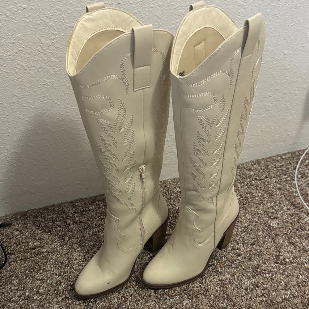 Cream Knee-High Western Boots